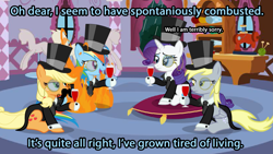 Size: 1723x969 | Tagged: safe, artist:toxicalien2014, derpibooru import, screencap, applejack, derpy hooves, rainbow dash, rarity, earth pony, pegasus, pony, unicorn, alcohol, british, caption, captioned, clothes, dapper, family guy, fancy, female, food, hat, mare, monocle, monocle and top hat, moustache, on fire, parody, spontaneous combustion, suit, top hat, wine, wine glass