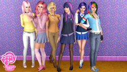 Size: 1920x1080 | Tagged: safe, derpibooru import, applejack, fluttershy, pinkie pie, rainbow dash, rarity, twilight sparkle, human, 3d, clothes, humanized, mane six, sweater, sweatershy, the sims, the sims 3