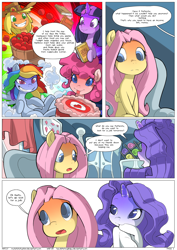 Size: 2480x3508 | Tagged: safe, artist:myfetishsituation, derpibooru import, applejack, fluttershy, pinkie pie, rainbow dash, rarity, twilight sparkle, earth pony, pegasus, pony, unicorn, comic:fluttershy's big job, apple, book, cake, comic, food, mane six