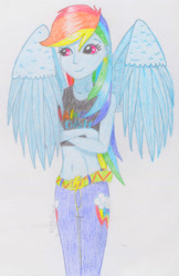 Size: 1294x1999 | Tagged: safe, artist:marta4708, derpibooru import, rainbow dash, human, belly button, humanized, midriff, pony coloring, solo, traditional art, winged humanization