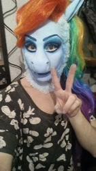 Size: 405x720 | Tagged: safe, artist:phi phi o'hara, derpibooru import, rainbow dash, human, abomination, clothes, cosplay, costume, irl, irl human, makeup, nightmare fuel, photo, uncanny valley, wat, what has science done