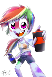 Size: 1024x1515 | Tagged: safe, artist:fj-c, derpibooru import, rainbow dash, equestria girls, :d, belly button, clothes, midriff, paint, shorts, simple background, solo, spray can, tanktop