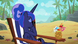 Size: 1920x1080 | Tagged: safe, screencap, princess luna, alicorn, pony, between dark and dawn, alternate hairstyle, beach, drink, eyes closed, eyeshadow, female, folded wings, hair bun, lonely, makeup, mare, sad, solo, this will end in pain, this will end in sunburn, upset, we don't normally wear clothes, wings