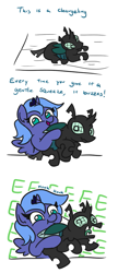 Size: 463x1071 | Tagged: safe, artist:jargon scott, princess luna, alicorn, changeling, pony, comic, compound eyes, cute, dialogue, eeee, female, filly, holding a changeling, holding a pony, honk, looking at you, lunabetes, open mouth, prone, s1 luna, screech, squeezing, woona, younger