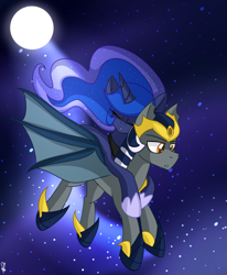 Size: 556x676 | Tagged: safe, artist:lady lita sparkle, princess luna, oc, oc:icarus the lunar guard, alicorn, bat pony, pony, armor, bat pony oc, bat wings, clean, female, full moon, gift art, hoof shoes, lunar guard armour, male, mare, moon, moonlight, night, sleeping, stallion, stars, wings