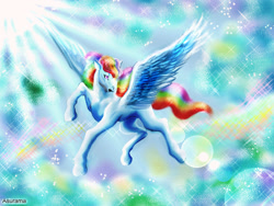 Size: 1024x768 | Tagged: safe, artist:asurama, rainbow dash, pegasus, pony, abstract background, solo, sparkles