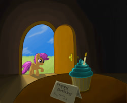 Size: 1467x1194 | Tagged: safe, artist:grennadder, derpibooru import, rainbow dash, scootaloo, pegasus, pony, birthday, crying, cupcake, food, love, scootalove, solo