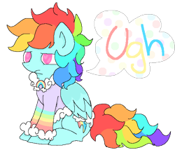 Size: 567x486 | Tagged: safe, artist:beach-cakes, rainbow dash, pegasus, pony, alternate hairstyle, bed mane, clothes, messy mane, morning ponies, one word, pajamas, rainbow dash always dresses in style, solo, speech bubble, sweater