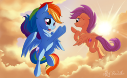 Size: 3400x2100 | Tagged: safe, artist:nobody47, derpibooru import, rainbow dash, scootaloo, pegasus, pony, cloud, cutie mark, flying, lens flare, scootaloo can fly, sunset, the cmc's cutie marks