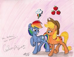 Size: 2179x1695 | Tagged: safe, artist:newyorkx3, derpibooru import, applejack, rainbow dash, earth pony, pegasus, pony, appledash, ashleigh ball, cutie mark, female, lesbian, shipping, signature, traditional art