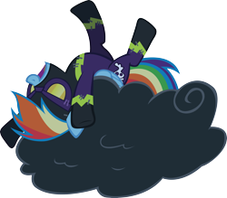 Size: 3868x3392 | Tagged: safe, artist:rainbowcrab, rainbow dash, pegasus, pony, luna eclipsed, clothes, cloud, costume, female, hooves, laughing, lying on a cloud, mare, nightmare night, on a cloud, on back, open mouth, shadowbolt dash, shadowbolts, shadowbolts costume, simple background, solo, transparent background, vector, wings