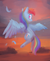 Size: 3000x3600 | Tagged: safe, artist:lilfunkman, derpibooru import, rainbow dash, pegasus, pony, colored pupils, dock, feather, flying, looking back, solo, spread wings, underhoof