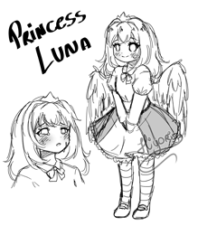 Size: 2800x3200 | Tagged: safe, artist:hiyori-yamada, princess luna, alicorn, human, equestria girls, clothes, cute, dress, humanized, monochrome, sketch, solo, winged humanization, wings, young luna