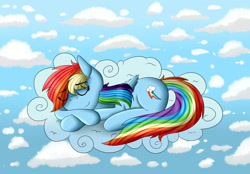 Size: 3000x2082 | Tagged: safe, artist:vanillaghosties, derpibooru import, rainbow dash, pegasus, pony, cloud, prone, sleeping, solo