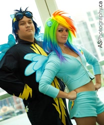 Size: 851x1024 | Tagged: safe, artist:ladymella, rainbow dash, soarin', human, cosplay, irl, irl human, midriff, photo