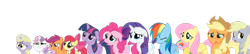 Size: 1280x276 | Tagged: safe, derpibooru import, editor:i-shooped-a-pwny, apple bloom, applejack, derpy hooves, dinky hooves, fluttershy, pinkie pie, rainbow dash, rarity, scootaloo, sweetie belle, twilight sparkle, earth pony, pegasus, pony, unicorn, cutie mark crusaders, feels, female, mane six, mare, simple background, transparent background, vector