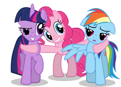 Size: 1054x757 | Tagged: safe, derpibooru import, edit, pinkie pie, rainbow dash, twilight sparkle, earth pony, pegasus, pony, floppy ears, hoof around neck, hug, long legs, polyamory, simple background, transparent background, twidashpie, vector