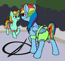 Size: 954x891 | Tagged: safe, artist:thebathwaterhero, derpibooru import, lightning dust, rainbow dash, pegasus, pony, clothes, equestrian surrender, shorts, tongue out, wrestling