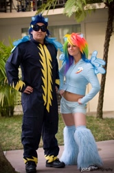 Size: 598x900 | Tagged: safe, artist:ladymella, rainbow dash, soarin', human, belly button, cosplay, female, irl, irl human, male, midriff, photo, shipping, soarindash, straight