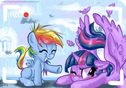 Size: 2053x1440 | Tagged: safe, artist:vago-xd, derpibooru import, rainbow dash, twilight sparkle, twilight sparkle (alicorn), alicorn, pegasus, pony, the cutie re-mark, blushing, crash, crashlight, cute, feather, female, filly rainbow dash, laughing, mare, prone, recording