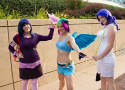 Size: 1024x742 | Tagged: safe, rainbow dash, rarity, twilight sparkle, human, belly button, cosplay, irl, irl human, photo