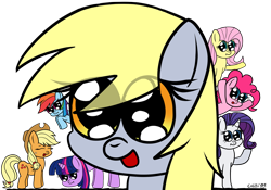 Size: 1000x700 | Tagged: safe, artist:chibi95, derpibooru import, applejack, derpy hooves, fluttershy, pinkie pie, rainbow dash, rarity, twilight sparkle, earth pony, pegasus, pony, unicorn, female, looking at you, mare, simple background, transparent background