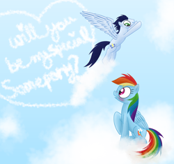 Size: 1024x964 | Tagged: safe, artist:northlights8, derpibooru import, rainbow dash, soarin', pegasus, pony, blushing, cloud, female, male, shipping, soarindash, straight, valentine's day