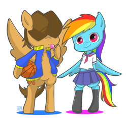 Size: 911x845 | Tagged: safe, artist:g, hoops, rainbow dash, pegasus, pony, semi-anthro, basketball, clothes, female, jacket, lollipop, male, pixiv, rainhoops, school uniform, shipping, straight