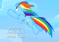 Size: 702x500 | Tagged: safe, rainbow dash, pegasus, pony, wonderbolts academy, animated, cloud, cloudy, cute, flapping, flying, sky, smiling, solo, windswept mane