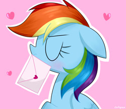 Size: 2300x2000 | Tagged: safe, artist:darkynez, derpibooru import, rainbow dash, pegasus, pony, annoyed, baka, blushing, cute, dashabetes, eyes closed, floppy ears, frown, heart, letter, love letter, mouth hold, solo, tsunderainbow, tsundere