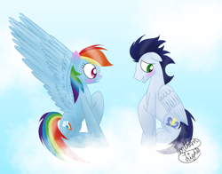 Size: 1024x801 | Tagged: dead source, safe, artist:northlights8, derpibooru import, rainbow dash, soarin', pegasus, pony, blushing, cloud, female, male, shipping, soarindash, straight