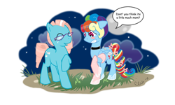 Size: 900x540 | Tagged: safe, artist:ellisarts, bow tie (g1), rainbow dash, pegasus, pony, g1, alternate hairstyle, blushing, clothes, female, flower, g1 to g4, generation leap, glasses, mother and child, mother and daughter, parent and child, rainbow dash always dresses in style