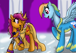 Size: 1440x1008 | Tagged: safe, artist:wolfspirit1292, rainbow dash, scootaloo, pegasus, pony, fanfic:bride of discord, clothes, costume, older