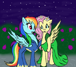 Size: 1024x896 | Tagged: safe, artist:ookami-chan1, artist:wolfspirit1292, fluttershy, rainbow dash, pegasus, pony, clothes, costume, dress, gala dress