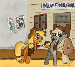 Size: 1000x900 | Tagged: safe, artist:beaverblast, derpibooru import, applejack, derpy hooves, fluttershy, rainbow dash, earth pony, pegasus, pony, badge, female, food, gun, knife, mare, muffin, old west, robbery, sack, sheriff, sheriffjack, wanted poster, weapon, western