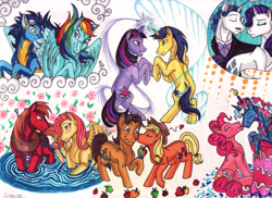 Size: 3506x2550 | Tagged: safe, artist:whitefangkakashi300, derpibooru import, applejack, big macintosh, caramel, comet tail, fancypants, fluttershy, pinkie pie, pokey pierce, rainbow dash, rarity, soarin', twilight sparkle, earth pony, pegasus, pony, unicorn, cake, carajack, cometlight, fluttermac, food, kiss on the cheek, kissing, licking, male, pokeypie, raripants, shipping, soarindash, stallion, straight, tongue out