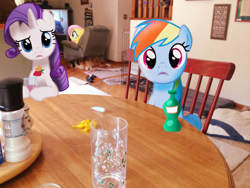 Size: 1024x768 | Tagged: safe, artist:nikorurene, fluttershy, rainbow dash, rarity, drink, interior, irl, looking at you, photo, ponies in real life, table, television