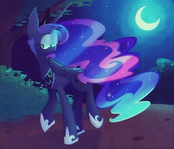 Size: 1024x878 | Tagged: safe, artist:tooni-pi, princess luna, alicorn, pony, crescent moon, ethereal mane, ethereal tail, hoof shoes, lidded eyes, moon, night, peytral, smiling, solo