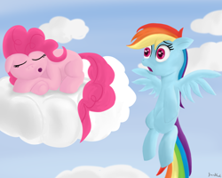 Size: 1024x819 | Tagged: safe, artist:ahrimatt, derpibooru import, pinkie pie, rainbow dash, earth pony, pegasus, pony, female, mare, sleeping