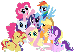 Size: 1028x752 | Tagged: safe, artist:margaretlovez, derpibooru import, applejack, fluttershy, pinkie pie, rainbow dash, rarity, starlight glimmer, sunset shimmer, twilight sparkle, twilight sparkle (alicorn), alicorn, earth pony, pegasus, pony, unicorn, backwards cutie mark, base used, female, mane six, mane six opening poses, mare, simple background, sunset vs starlight debate, transparent background