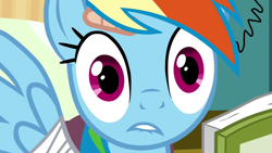 Size: 1280x720 | Tagged: safe, derpibooru import, screencap, rainbow dash, pegasus, pony, read it and weep, lip bite, reaction image, solo