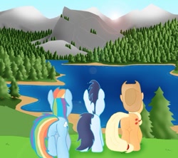 Size: 779x693 | Tagged: safe, artist:ajmstudios, derpibooru import, applejack, rainbow dash, soarin', earth pony, pegasus, pony, applebutt, equestria, female, lake altai, male, plot, rainbutt dash, scenery, shipping, soarindash, straight