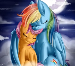 Size: 1280x1124 | Tagged: safe, artist:knifeh, rainbow dash, scootaloo, pegasus, pony, crying, hug, scootalove, tears of joy, winghug