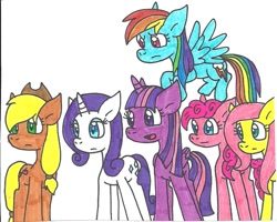 Size: 1076x860 | Tagged: safe, artist:cmara, derpibooru import, applejack, fluttershy, pinkie pie, rainbow dash, rarity, twilight sparkle, twilight sparkle (alicorn), alicorn, earth pony, pegasus, pony, unicorn, female, mane six, mare, traditional art