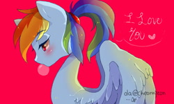 Size: 1023x614 | Tagged: safe, artist:yioyio, derpibooru import, rainbow dash, pegasus, pony, alternate hairstyle, blushing, bubblegum, food, heart, i love you, ponytail, solo