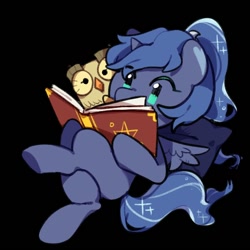 Size: 590x590 | Tagged: safe, artist:snowillusory, owlowiscious, princess luna, alicorn, owl, pony, book, pet