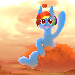 Size: 840x840 | Tagged: safe, artist:pekou, rainbow dash, pegasus, pony, autumn, leaves, solo