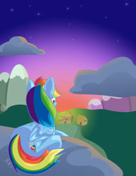 Size: 800x1035 | Tagged: safe, artist:undefined-shadow, derpibooru import, rainbow dash, pegasus, pony, ponyville, solo, sunset