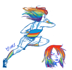 Size: 500x486 | Tagged: safe, artist:marquisespinneretmindfang, rainbow dash, human, action pose, clothes, humanized, rainbow socks, shorts, socks, solo, striped socks, tanktop