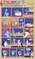 Size: 1600x2658 | Tagged: safe, artist:marmorexx, derpibooru import, rainbow dash, soarin', pegasus, pony, comic:the new wonderbolt, cloud, cloud busting, comic, sleeping, soarindash, sunrise, tired